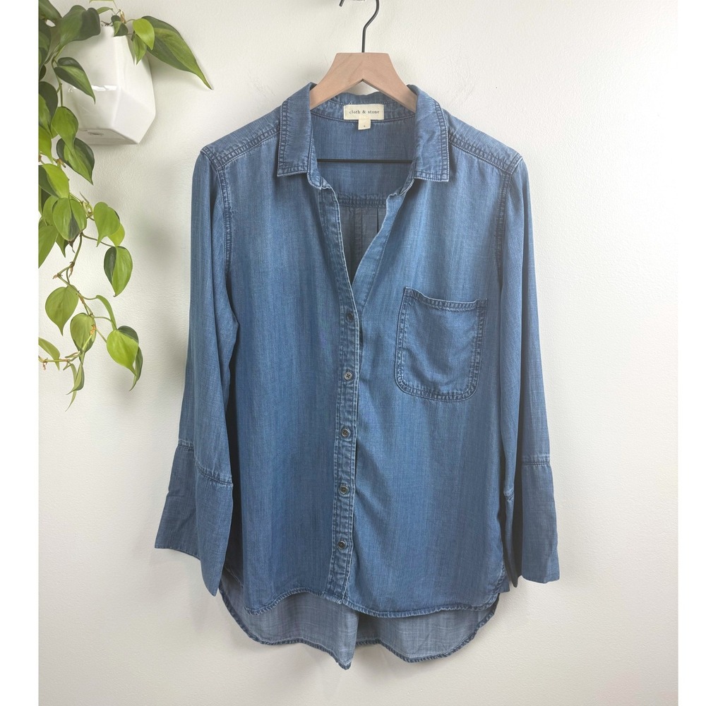 Cloth & Stone Blue Tencel Lyocell Button Down Shirt Wide Cuff High Low Hem L